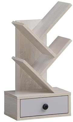 HOMASIS Bücherregal in Baumform, kleines Standregal mit Schublade & 4 Ablageflächen, modernes Holzregal für Bücher, CDs, DVDs, Ablageregal für Arbeitszimmer, Büro, 30 x 17,5 x 60 cm (Beige)