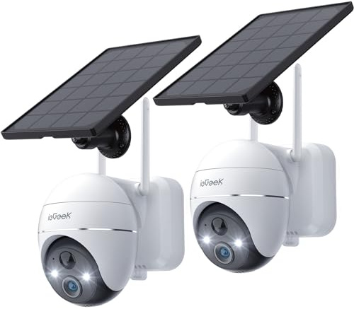 ieGeek 2K 360° PTZ Telecamera Wi-Fi Esterno Senza Fili con Batteria, Videocamera Sorveglianza Wireless Faretti con Pannello Solare,Visione Notturna a Colori,Sirena,Rilevazione PIR, 2PCS
