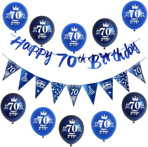 Blau Girlande Happy 70th Birthday Banner + 70 Geburtstag Dreiecksflaggen + 70 pcs 70 Geburtstag luftballons 70 deko für mann,deko 70. mann geburtstagsdeko 70 jahre männer