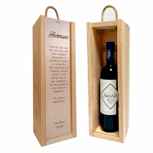 ADRI - Regalos originales personalizados para padres, madres, hermanos, abuelos - Caja de madera personalizada con botella de vino incluida para regalar (FRASE HERMANO)