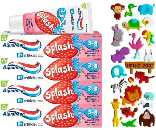 4 Pack Bundle Multipack - Aquafresh Splash Toothpaste 3-8 Years Strawberry Flavour (4X 50ml). A Hadco Bundle with Our Free Puffy Sticker Sheet (Sticker Sheets are Selected at Random) Kids Toothpaste.