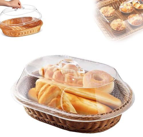 Cesto per alimenti in vimini con coperchio in acrilico, cestino in rattan intrecciato a mano con coperchio per organizzazione della cucina, cestino per pane, verdure, cestino da portata in vimini