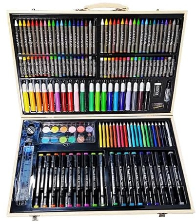 Savealot 180-Piece Art Supplies Set for Kids and Adults, Includes Oil Pastels, Colored Pencils, Markers, Paints, and More in a Wooden Box, Perfect for Creative Drawing, Painting, and Craft Projects.