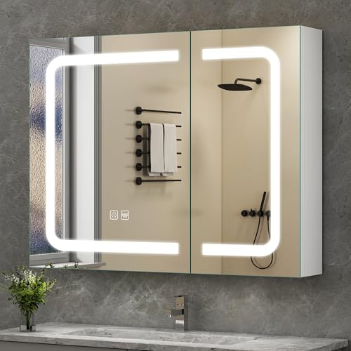 S'bagno spegelskåp badrum med belysning 80 x 60 cm, LED anti-dimma 3 färgtemperaturer, justerbart stativ, IP44 med uttag, vit