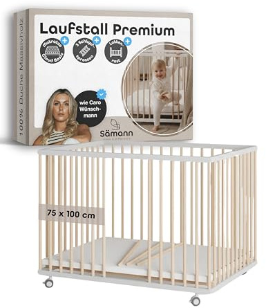 Sämann Laufstall Baby mit Matratze, Schlupfsprossen & Lattenrost | stufenlos höhenverstellbar | Laufgitter Premium | Babybett aus Holz | Krabbelgitter (weiß/natur, 75x100 cm)