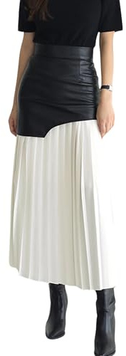BAIMORE Women's Chic High Waist Faux PU Leather Patchowrk Color Block Pleated Midi Hip Skirt Black White
