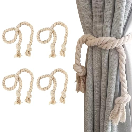 4 Stück Vorhangseil Raffhalter, Curtain Rope Buckle Vorhang Raffhalter Handgemachte Vorhang Raffhalter für Vorhänge Handgestrickte Baumwolle Seil für Haus Office Wohnzimmer Schlafzimmer Deko(Beige)