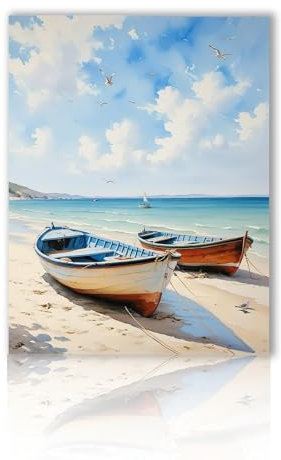 Toile murale – Impression sur toile de plage bleue et blanche – Impression sur toile de bord de mer – Décoration d'intérieur pour salle de bain, salon, chambre à coucher – Sans cadre – 40 x 60 cm