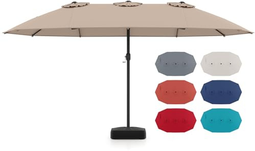 GOPLUS Sombrilla de Jardín con Base, Parasol Doble Plegable 4,6x2,8M con Techo de Protección Solar, 12 Varillas y Sistema de Manivela, Sombrilla Terraza Exterior Impermeable (Marrón)