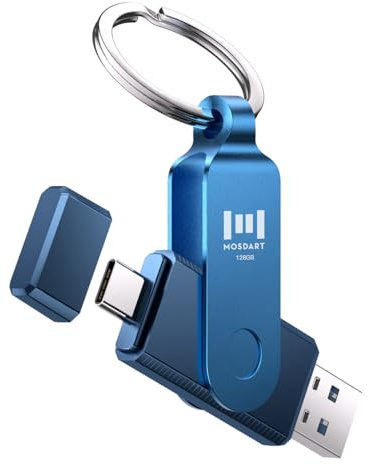 MOSDART 128GB Dual USB C 3.2 Flash Drive, Speed Up to 150MB/S Type C Thumb Drive with Keychain and LED Indicator, for iPhone 15,16,17, Android Phone, iPad, MacBook, and Laptops, Navy Blue