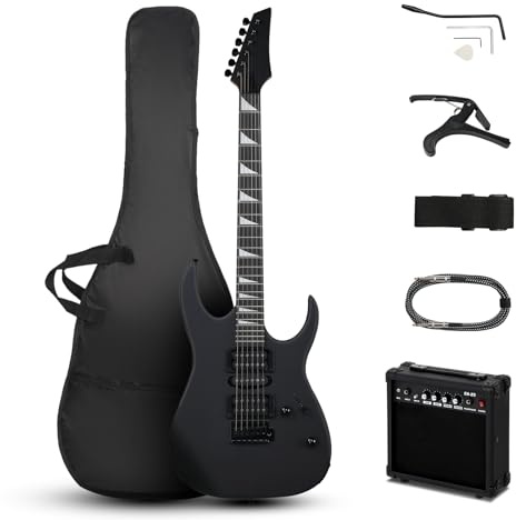 LALAHO 39 Inch Beginners Electric Guitar Kit with H-S-H Pickup, Solid Body Electric Guitar Set with 20W Amplifier, Tremolo Arm, Bag, Pick, Shoulder Strap, Cable (Matte Black)