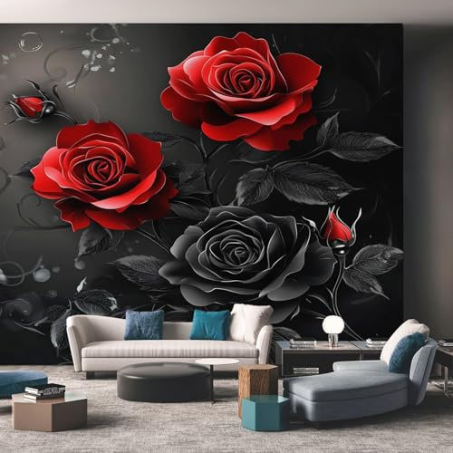 3D Floral Mural Wallpaper, Red and Black Rose Wallpaper for Bedroom, Living Room, TV Backdrop, Office, Hotel Wall Background Decoration Non-Woven Wall Paper 100 X 70 cm (WxH) Pui148