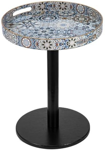 YORKING Boho Round Coffee Table Tray with Wooden Leg and Handles, Versatile Small Side Table for Tea, Coffee & Relaxation, Perfect for Bedroom, Living Room and Home Decor, Vintage Style