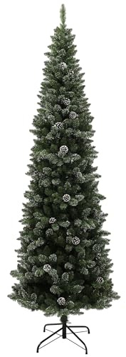 HOMCOM Albero di Natale Innevato Slim Alto 225 cm con 980 Rami, Albero di Natale Artificiale Pieghevole con Pigne e Base in Acciaio, Ø80x225 cm