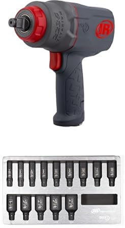 Ingersoll Rand 2236QTIMAX Druckluft-Schlagschrauber, 1/2 Zoll, 2034Nm Losbrechmoment, Max 1220Nm Drehmoment, Drive Xchange System 14-teilig DXS2 Sechskantantrieb Deep SAE Imperial Schlagstecknuss Satz