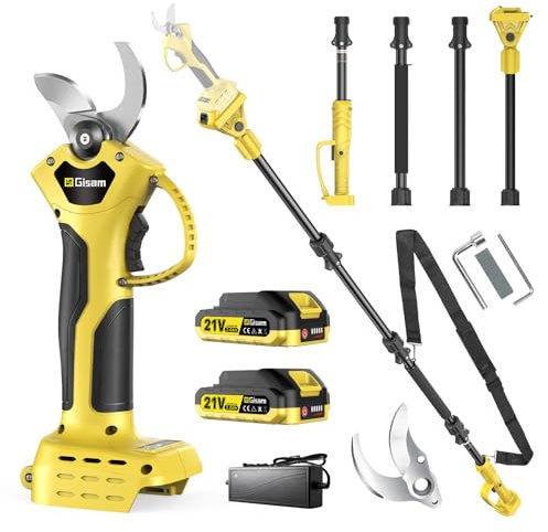 Akku Astschere Teleskop 2-in-1, Elektrische Gartenschere mit Teleskopstange bis 4,2m, Bürstenloser Motor, 3 Paar SK5-Klingen und 2x2.0 Ah Akkus, 35mm Akku Baumschere & Astschere für Garten (Gelb)