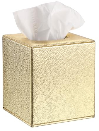 BTSKY Quadratischer Taschentuchspender aus PU-Leder, strukturiert, goldfarben | Haushalt/Büro, CubeTissue Box Cover, Serviettenhalter, für Badezimmer, Wohnzimmer, Schlafzimmer, Büro, Hotel