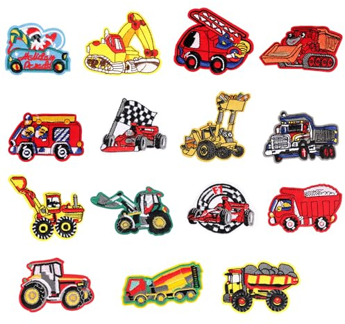 15 Stück Flicken zum Aufbügeln kinder, Baufahrzeug Bügelflicken Kinder - Bestickte Patches für Kleidung, T-Shirt, Jeans, Taschen & Mützen - DIY ohne Nähen, Reparatur von Löchern