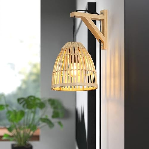 BARCELONA LED Aplique de Parede CESTA Pequeno em Madeira com Abajur de Bambu Amarelo Trançado Artesanal Estilo Clássico Moderno Vintage Luxo para Quarto Sala Cabeceira E27