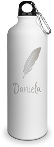 Trinkflasche mit Namen Daniela - graviert mit Feder Layout, Aluminiumflasche mit Gravur, Sportflasche - matt weiß