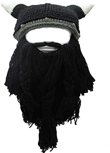 YEKEYI - Cappello invernale caldo a forma di elmo di vichingo con corna e barba, lavorato a maglia, in lana, divertente, Taglia unica
