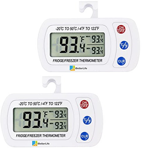Upgraded 2Pack Digital Refrigerator Thermometer, iBetterLife IPX3 Waterproof Wireless Freezer Room Temperature Monitor w/ Hook, Large LCD Easy to Read Display & Max/Min Function for Indoor/Outdoor