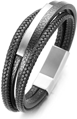 Halukakah ● Jazz ● Herren-Armband Handgefertigt | Echtleder in Schwarz | Magnetverschluss Edelstahl in Silber | Wickelarmband 4 Runde | KOSTENLOS Geschenkbox | Tolle Geschenkidee | 21.5cm