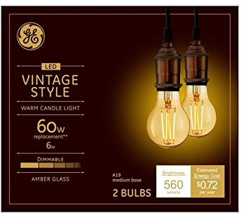 (2 bulbs) GE 48556 Vintage Style, Amber Glass A19 LED Light Bulb, 60 watt equivalent, 560 lumens, medium base, Dimmable
