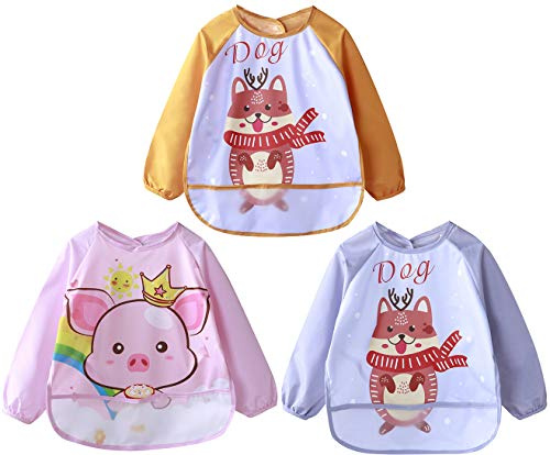 Chilsuessy 3 Pack Wasserdicht Ärmellätzchen abwaschbar latz mit ärmel lätzchen mit auffangschale Ärmellätzchen mit Nässeschutz - Essen und Play Smock Schürze für Kleinkinder, 1#, L/Baby Höhe 70-80cm