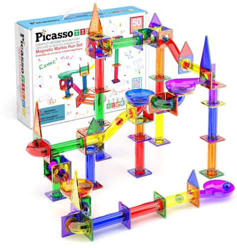 PicassoTiles Marble Run 50-delat set för magnetiska plattor racingspår | STEM-konstruktion och inlärning, pedagogisk magnetkonstruktion, utvecklingssats
