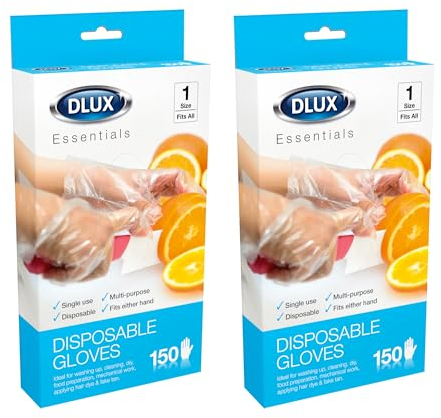 DLux 300 Disposable Clear Gloves Polythene Multi-Purpose Lightweight Plastic 2 x 150 Boxed