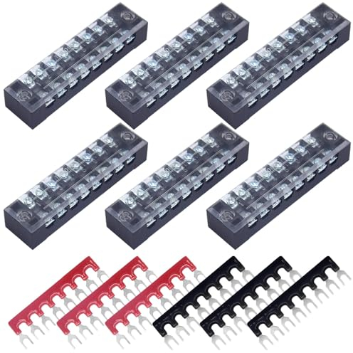 CEEYSEE 12pcs(6 Sets) 8 Positions Dual Rows Covered Screw Terminal Block 600V 15A + 6Pcs 8 Positions Pre-Insulated Black/Red Fork Terminal Barrier Strip 400V 15A (TB1508)