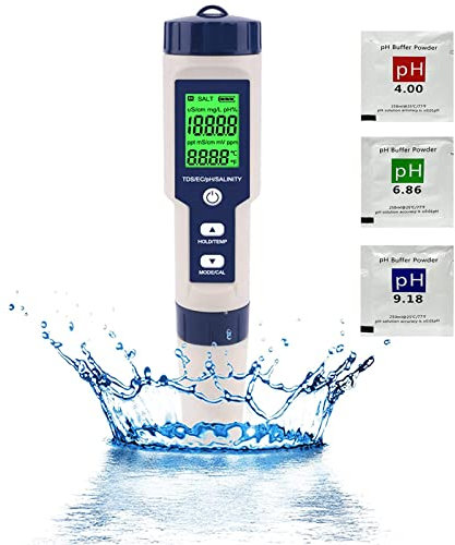 OPSLEA 5 in 1 TDS/EC/PH/Salzgehalt/Temperaturmesser Digitaler Wasserqualität Monitor Tester Digitales PH Messgerät für Pools, Trinkwasser, Aquarien