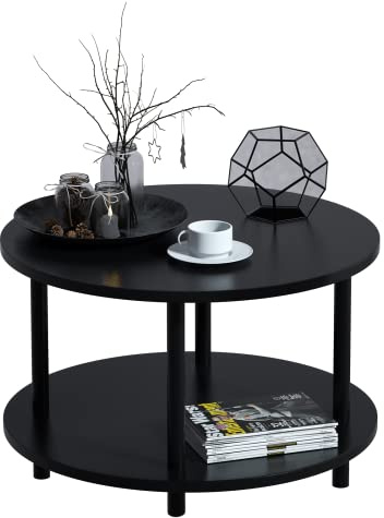 Vanrohe Small Round Coffee Table with Open Storage for Small Space, 23.5 Black 2-Tier Wooden Center Table for Living Room, Metal Legs, Easy to Assemble