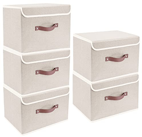 TYEERS Cajas de Almacenaje con Tapa, Tela, Lavable, Cajas Organizadoras, 38x25x25 cm, Juego de 5, Beige