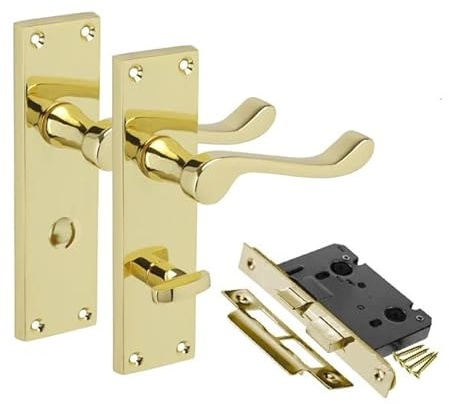 Golden Grace Victorian Scroll Bathroom Door Handles with 64mm Lock Set | Polished brass metal finish revitalises classic interior doors, delivering durable and timeless home hardware.