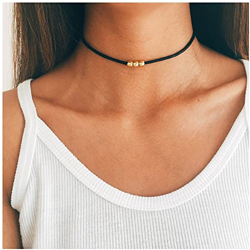 Inateannal Schwarzer Samt Choker Halskette Kurze Perlenhalskette Schwarzes Wildleder Choker Halskette Vintage Minimalistische Samt Kragen Halskette Schmuck Für Frauen Und Mädchen Geschenke (Gold)