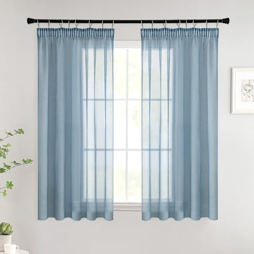 Woaboy Gardinen mit Kräuselband Kurz Fenster Voile Vorhänge Wohnzimmer Transparent Sheer Curtains Stores Gardine Schlafzimmer Modern Schlaufengardinen 2er Set 140x145cm (BxH) Navy Blau