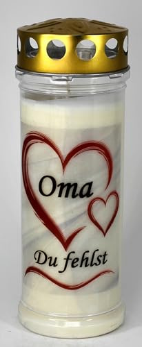 Kerzen Junglas - Grabkerze Oma mit 7 Tagen Brenndauer, (3954), schöne Grablichter mit Motiv, Grabkerzen mit Deckel, wetterfest, Trauerkerzen mit Spruch