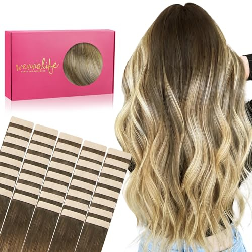 WENNALIFE Lot de 40 extensions capillaires en cheveux humains invisibles, soyeux, 100 g, 50 cm, ombré, marron noyer à marron cendré et blond décoloré