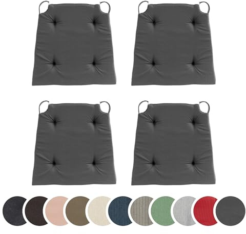 sleepling 4er Set Stuhlkissen, 42 (vorne) 35 (hinten) x 40x5 cm, Dunkelgrau | Sitzkissen für Stuhl & Bank mit Klettverschluss, Indoor & Outdoor, 100% Baumwolle, Made in EU, Waschbar bis 30 Grad, 4 Stück