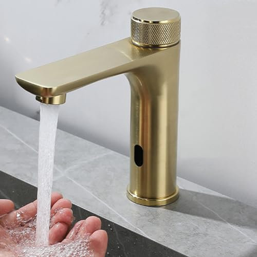 XJTNLB Robinet Automatique Infrarouge Mitigeur Monocommande Robinet Salle Bain Robinet Infrarouge Lave Main Robinet Salle Bain Mitigeur en Acier Inoxydable,Or Brossé
