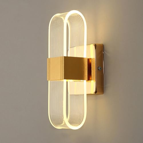 Mengjay Wandleuchte LED Innen, 12W Wandlampe Led Dimmbar, Warmweiß/Naturweiß/Kaltweiß Wandleuchte, Acryl Metall Wandbeleuchtung für Schlafzimmer Treppen Corridor (Gold)