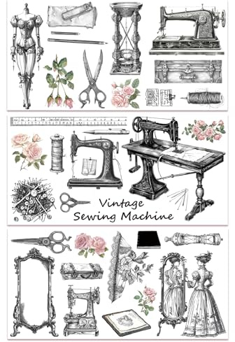 GLOBLELAND 3 Stück Vintage Nähmaschinen Und Blumen Abziehbilder Zum Aufreiben Für Möbel Und Bastelarbeiten, 6x12 Zoll Große Möbel Transferaufkleber, Selbstklebende, Wasserfeste Dekor