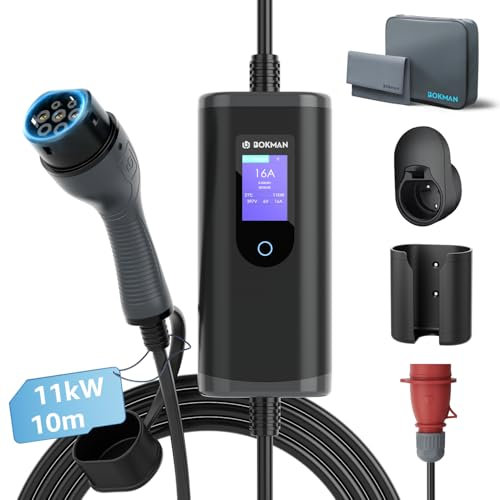 bokman Type 2 Charging Cable with CEE Plug, 10 Metres, 6-16A, 11 kW, 3-Phase, IP65 Waterproof, Portable EV Charger and Mobile Wallbox Charging Station for IEC 62196-2 with Carry Bag and Microfibre