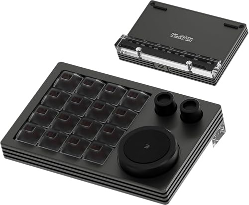 NLOFIN Programmable Keyboard,16 Key Triple Knobs Macro Keypad Programmable Designer, Programmable Keypad with Layer Screen, One Handed Gaming Keyboard for iOS,Windows (Grey)