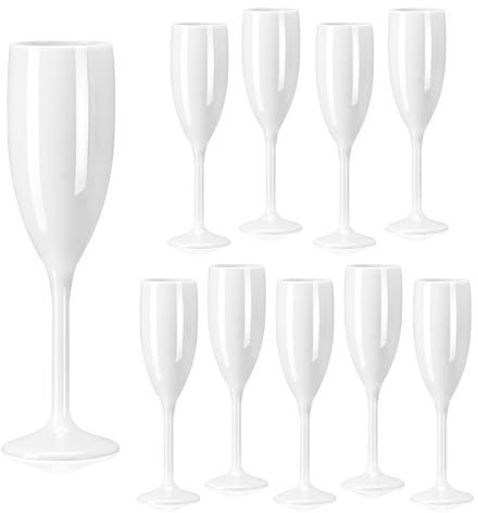 jiawaggag – Juego de 10 copas de champán reutilizables, cristal de pie, color blanco, irrompible, champán, acrílico, flauta champán, cristal, vaso para bodas, fiestas de cumpleaños, camping piscina