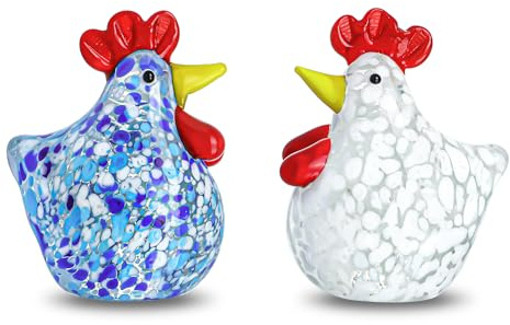 H&D HYALINE & DORA Blown Glass Chicken Figurines Set of 2 Handmade Art Glass Rooster Figurine Crystal Animal Figurine Collectible for Home Decoration Ornament | Handmade Blown Glass Rooster Figurines Crystal Animal Collectible Ornament Set of 2 for Home Office Desk Shelf Display