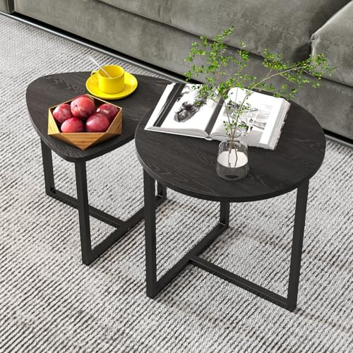 HOJINLINERO Runt soffbord set med 2, små kaffebord, runt sidobord, industriellt sidobord, metallram med träutseende accentmöbler, soffa te cocktailbord för vardagsrum, svart