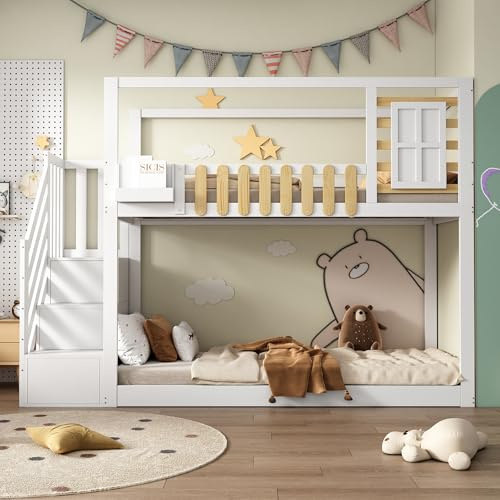 Aoskem Etagenbett Kinderbett 90x200 cm für 2 Kinder, Hausbett Hochbett mit Treppe Stauraum, Holzbett mit Gitter & Fenster, Bettgestell Kinderbett mit Rausfallschutz & Lattenrost, Ohne Matratze, Weiß